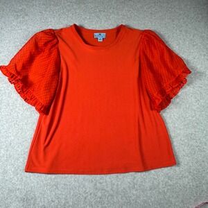 CeCe Orange Swiss Dot Puff Sleeve Ruffle Knit Top Medium Crew Neck Short Sleeve
